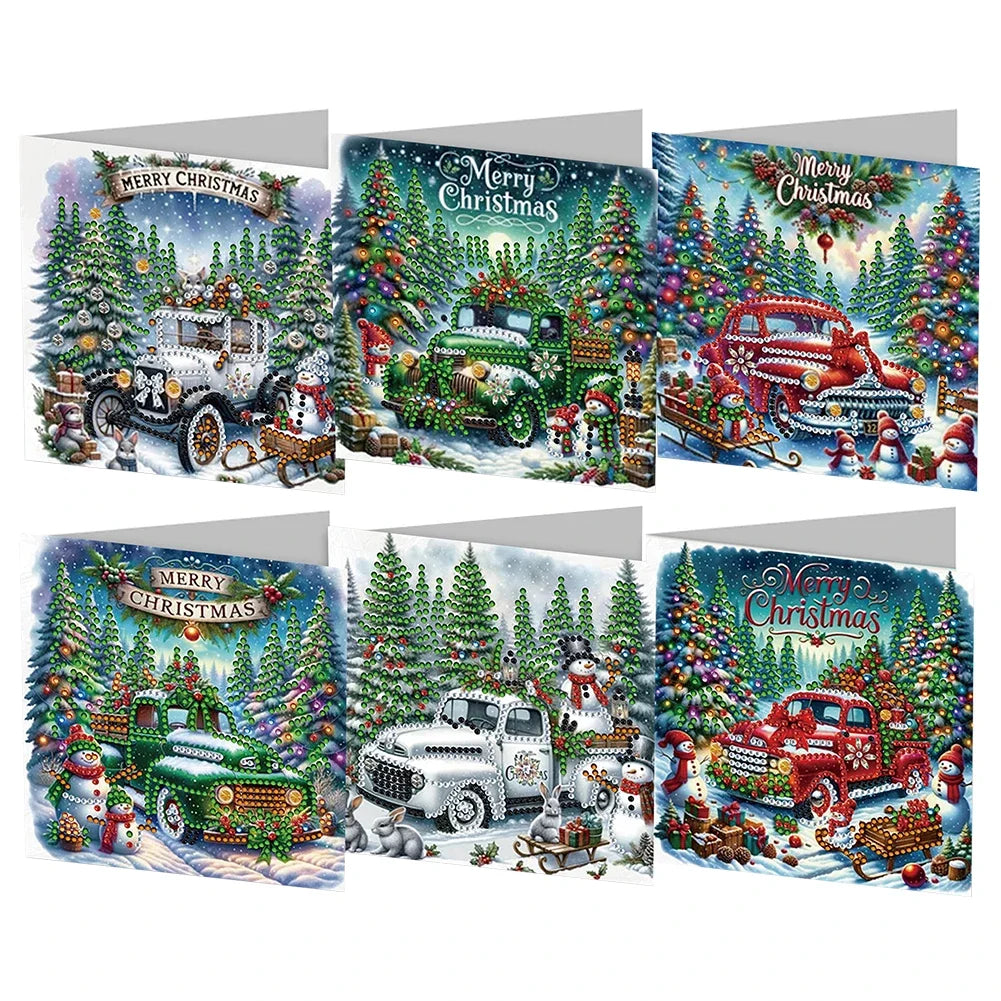 Christmas Card Set with Vintage Cars | 6 pieces | Diamond Painting