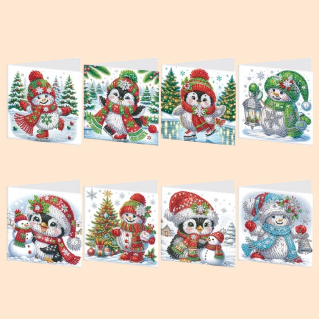 Penguins & Snowmen Christmas Cards | 8 pieces | Diamond Painting
