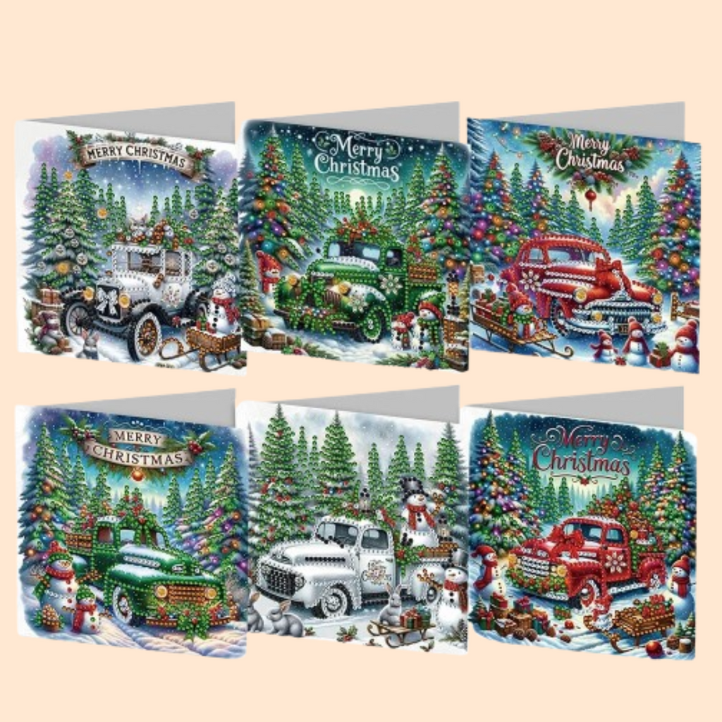 Christmas Card Set with Vintage Cars | 6 pieces | Diamond Painting
