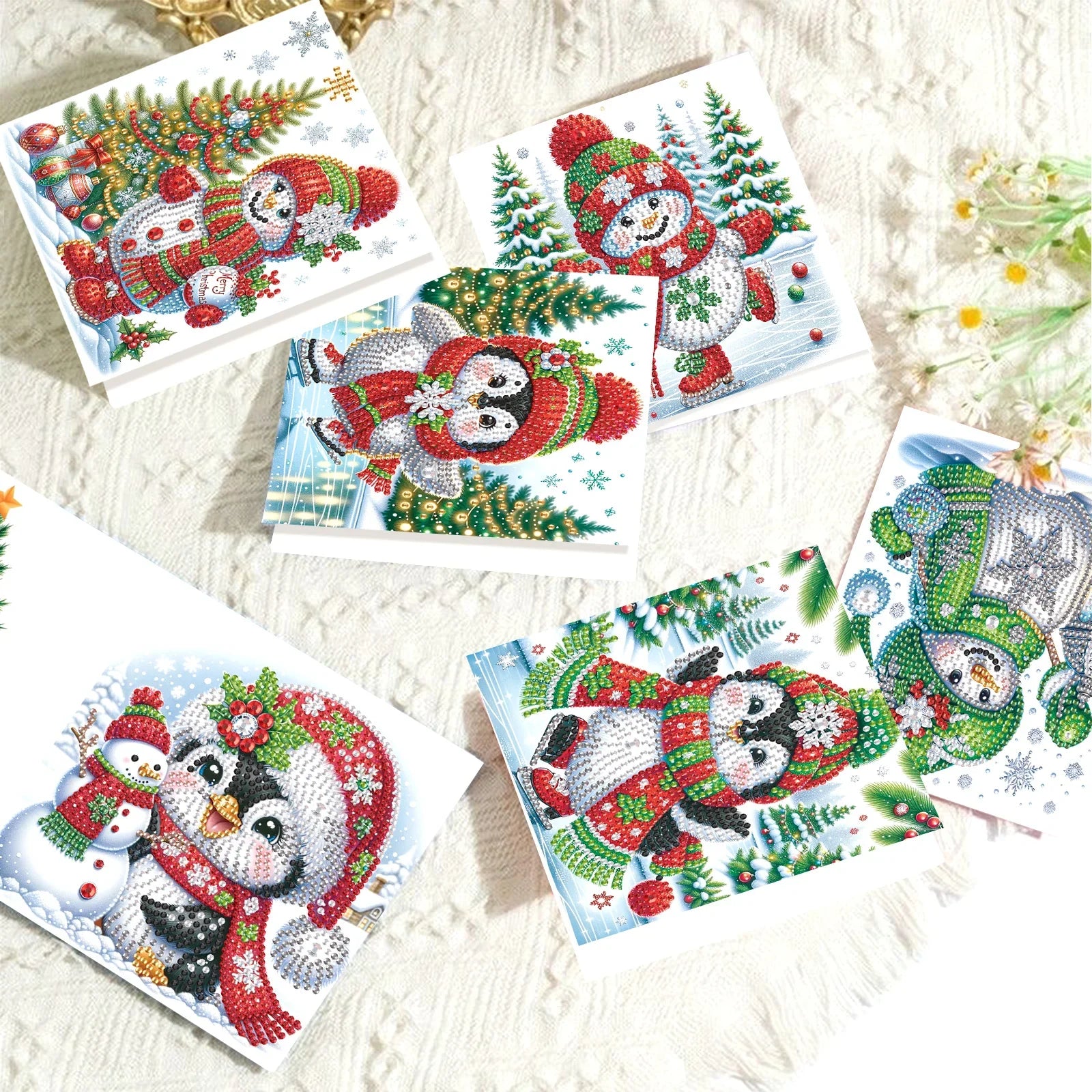 Penguins & Snowmen Christmas Cards | 8 pieces | Diamond Painting